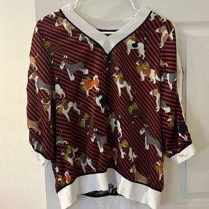 Saniya Italy 100% silk top with buttons on sleeves , cute dog with ribbons